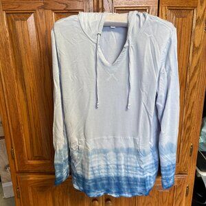 Sunday Dress Barn V-Neck Blue Dip Tie Dyed Pullover Hooded Drawstring Sz Large